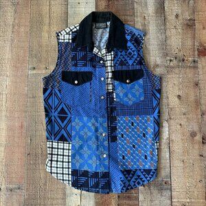 Roughrider By Circle Womens Sleeveless Patchwork Button-Up Vest Geometric Print